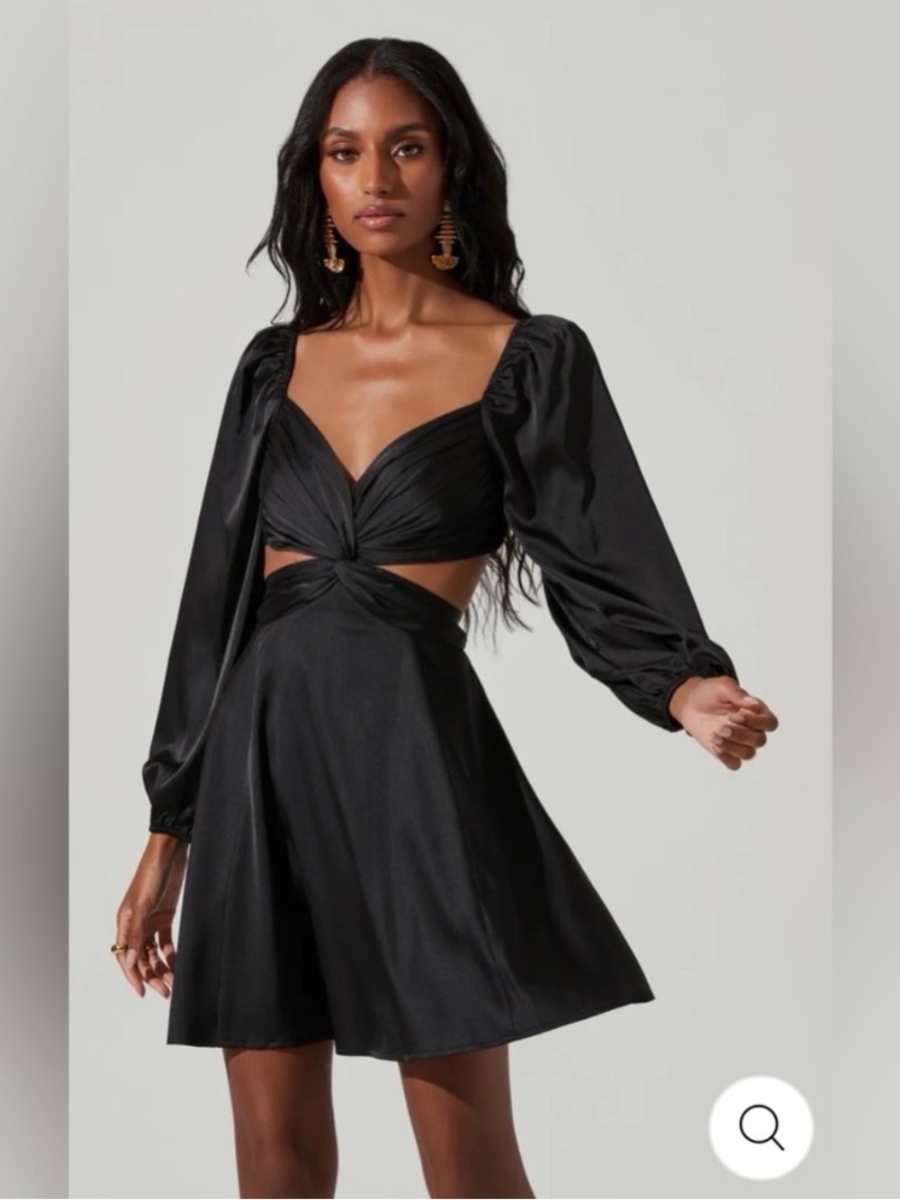 Astr Black Twist-Front Cutout Mini Dress with Puff Sleeves